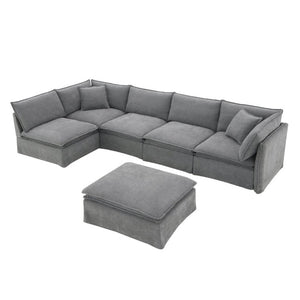 English Elm Video+new]125.5 Six Seat Chenille Modular Sectional with Movable Ottoman for Living Room Light Gray N723S0164E