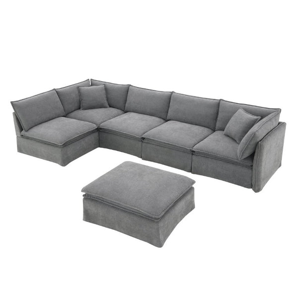 English Elm Video+new]125.5 Six Seat Chenille Modular Sectional with Movable Ottoman for Living Room Light Gray N723S0164E