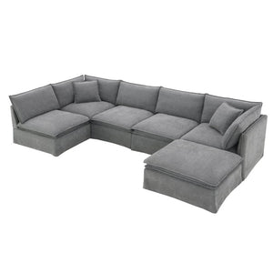 English Elm Video+new]125.5 Six Seat Chenille Modular Sectional with Movable Ottoman for Living Room Light Gray N723S0164E
