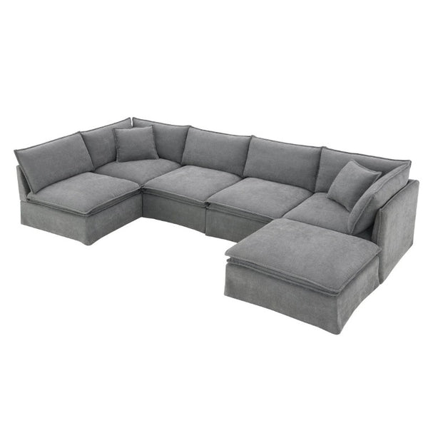 English Elm Video+new]125.5 Six Seat Chenille Modular Sectional with Movable Ottoman for Living Room Light Gray N723S0164E