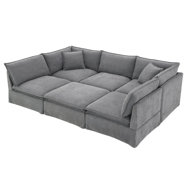 English Elm Video+new]125.5 Six Seat Chenille Modular Sectional with Movable Ottoman for Living Room Light Gray N723S0164E