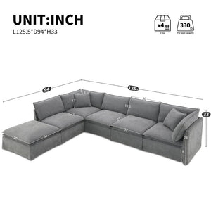 English Elm Video+new]125.5 Six Seat Chenille Modular Sectional with Movable Ottoman for Living Room Light Gray N723S0164E