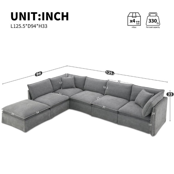 English Elm Video+new]125.5 Six Seat Chenille Modular Sectional with Movable Ottoman for Living Room Light Gray N723S0164E