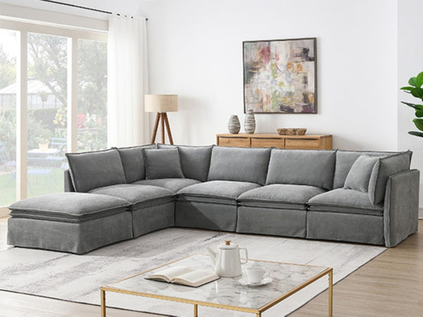 English Elm Video+new]125.5 Six Seat Chenille Modular Sectional with Movable Ottoman for Living Room Light Gray N723S0164E