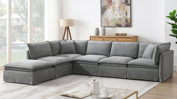 English Elm Video+new]125.5 Six Seat Chenille Modular Sectional with Movable Ottoman for Living Room Light Gray N723S0164E