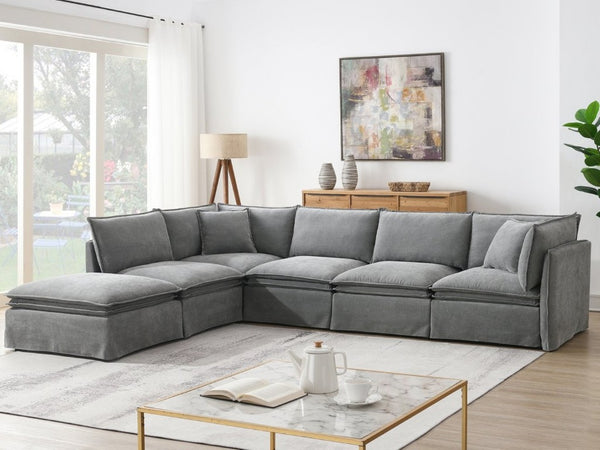 English Elm Video+new]125.5 Six Seat Chenille Modular Sectional with Movable Ottoman for Living Room Light Gray N723S0164E