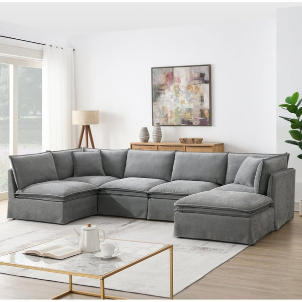 English Elm Video+new]125.5 Six Seat Chenille Modular Sectional with Movable Ottoman for Living Room Light Gray N723S0164E