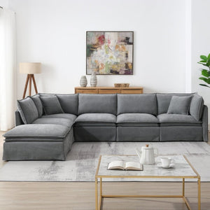 English Elm Video+new]125.5 Six Seat Chenille Modular Sectional with Movable Ottoman for Living Room Light Gray N723S0164E