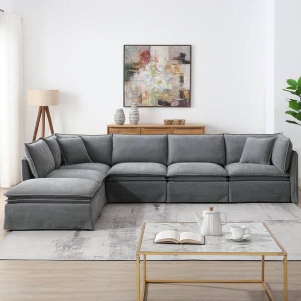 English Elm Video+new]125.5 Six Seat Chenille Modular Sectional with Movable Ottoman for Living Room Light Gray N723S0164E
