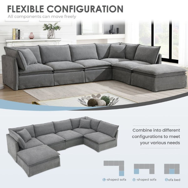 English Elm Video+new]125.5 Six Seat Chenille Modular Sectional with Movable Ottoman for Living Room Light Gray N723S0164E