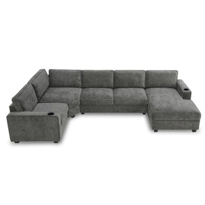English Elm [video]119" U-shaped Chenille Sectional with Chaise Deep Seats Cup Holders Living Room Gray N723S2197E