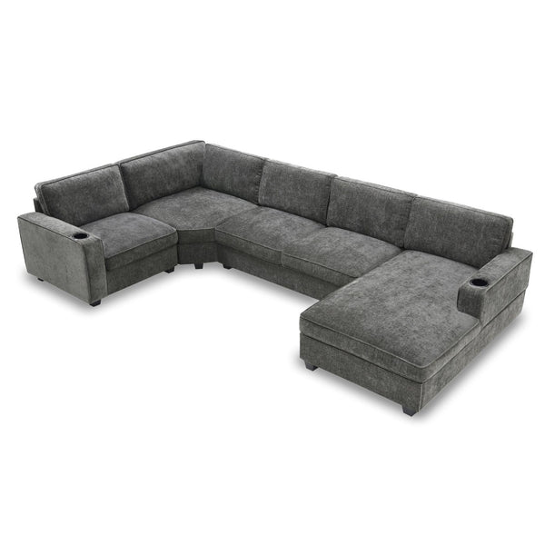 English Elm [video]119" U-shaped Chenille Sectional with Chaise Deep Seats Cup Holders Living Room Gray N723S2197E