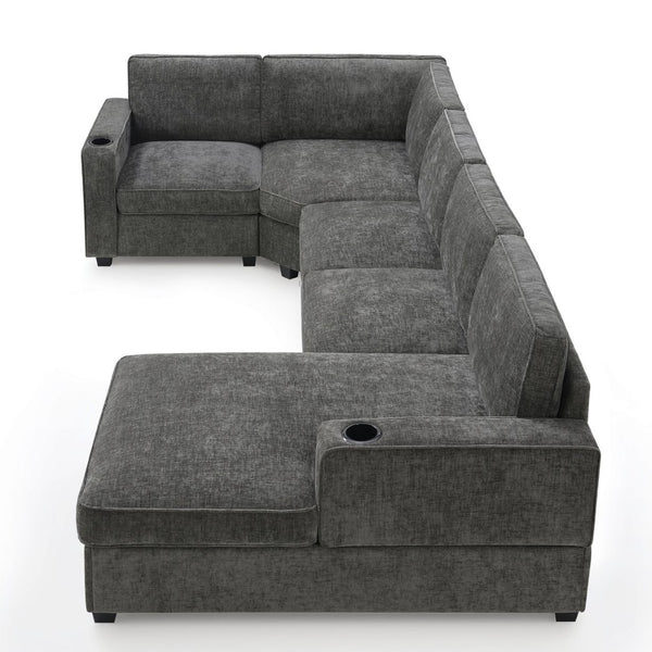 English Elm [video]119" U-shaped Chenille Sectional with Chaise Deep Seats Cup Holders Living Room Gray N723S2197E