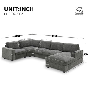 English Elm [video]119" U-shaped Chenille Sectional with Chaise Deep Seats Cup Holders Living Room Gray N723S2197E
