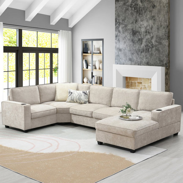 English Elm [video]119" U-shaped Chenille Sectional with Chaise Deep Seats Cup Holders Living Room Beige N723S2197K