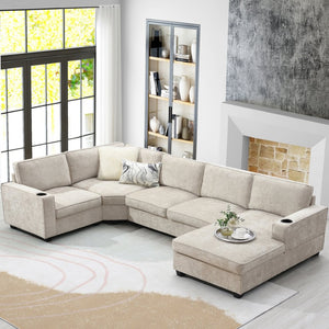 English Elm [video]119" U-shaped Chenille Sectional with Chaise Deep Seats Cup Holders Living Room Beige N723S2197K