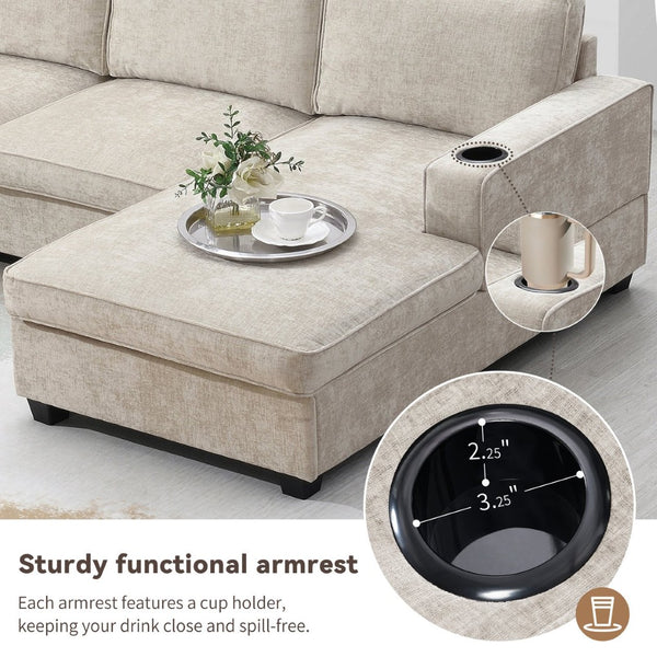 English Elm [video]119" U-shaped Chenille Sectional with Chaise Deep Seats Cup Holders Living Room Beige N723S2197K