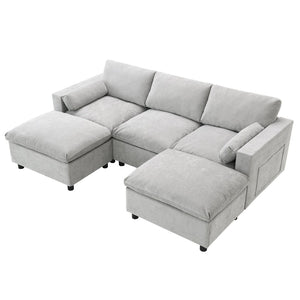 English Elm [new Sku of N723s8723c] Plush Chenille U Shaped Sectional with Ottoman Storage Pockets Modern Living Medium Grey N723S2865C