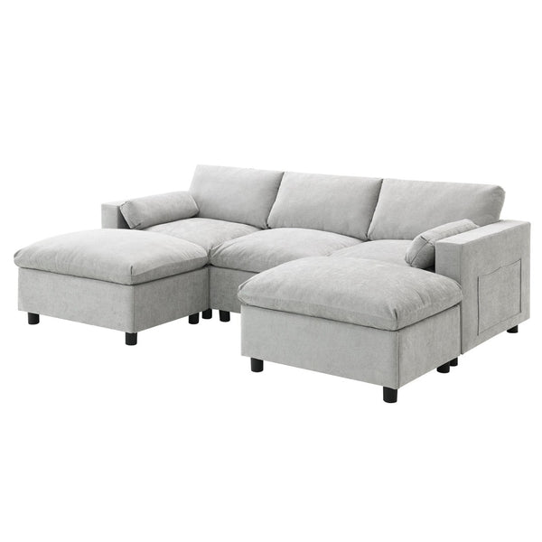 English Elm [new Sku of N723s8723c] Plush Chenille U Shaped Sectional with Ottoman Storage Pockets Modern Living Medium Grey N723S2865C