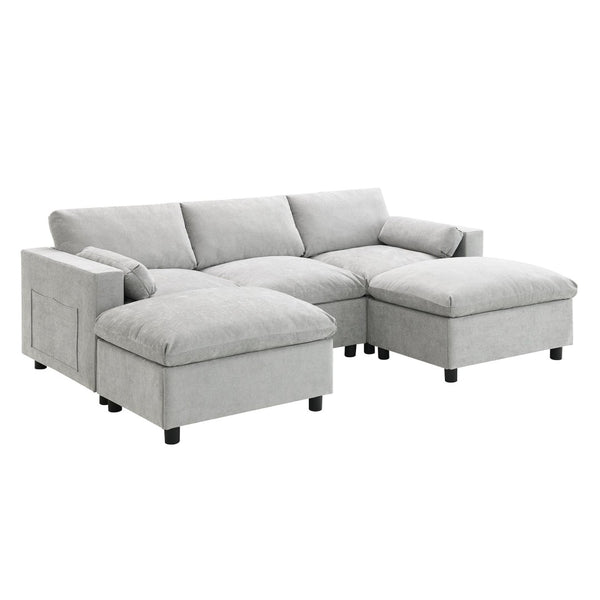 English Elm [new Sku of N723s8723c] Plush Chenille U Shaped Sectional with Ottoman Storage Pockets Modern Living Medium Grey N723S2865C