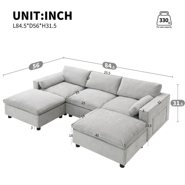 English Elm [new Sku of N723s8723c] Plush Chenille U Shaped Sectional with Ottoman Storage Pockets Modern Living Medium Grey N723S2865C