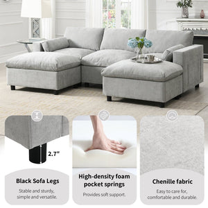 English Elm [new Sku of N723s8723c] Plush Chenille U Shaped Sectional with Ottoman Storage Pockets Modern Living Medium Grey N723S2865C