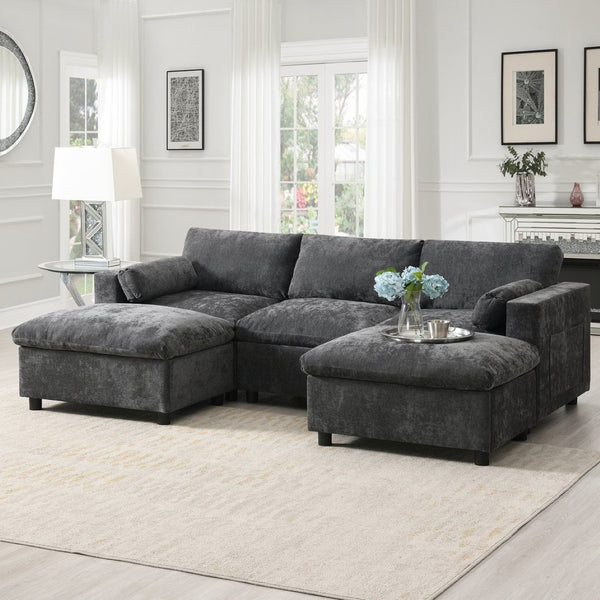 English Elm [new Sku of N723s8723c] Plush Chenille U Shaped Sectional with Ottoman Storage Pockets Modern Living Dark Gray N723S2865E