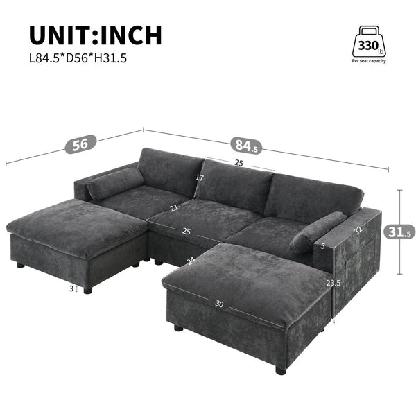 English Elm [new Sku of N723s8723c] Plush Chenille U Shaped Sectional with Ottoman Storage Pockets Modern Living Dark Gray N723S2865E