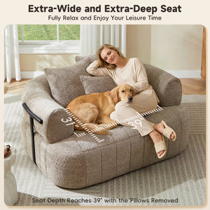 English Elm 64" Oversized Boucle Boneless Chaise Sculptural Cloud Seat Lounge Chair for Bedroom Khaki N723S3642D