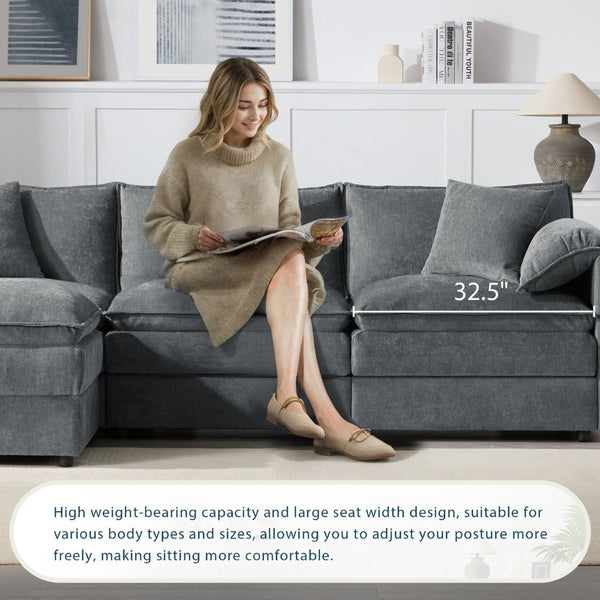 English Elm [new Chenille Cloud Sectional Sofa with Pocket Spring Cushions Ottomans and Modular L Shape Dark Gray N723S6547B