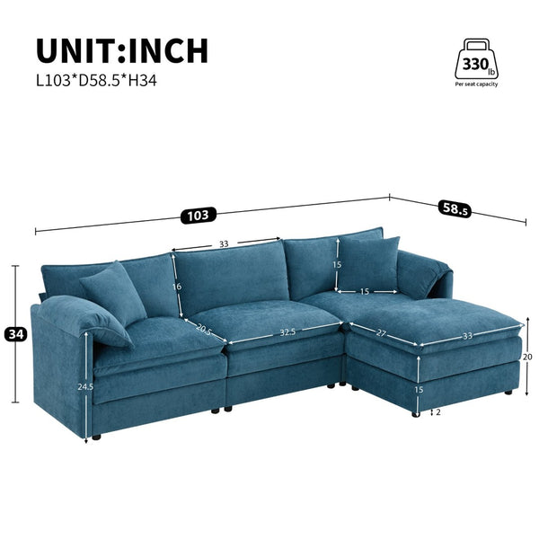 English Elm [new Chenille Cloud Sectional Sofa with Pocket Spring Cushions Ottomans and Modular L Shape Blue N723S6547C