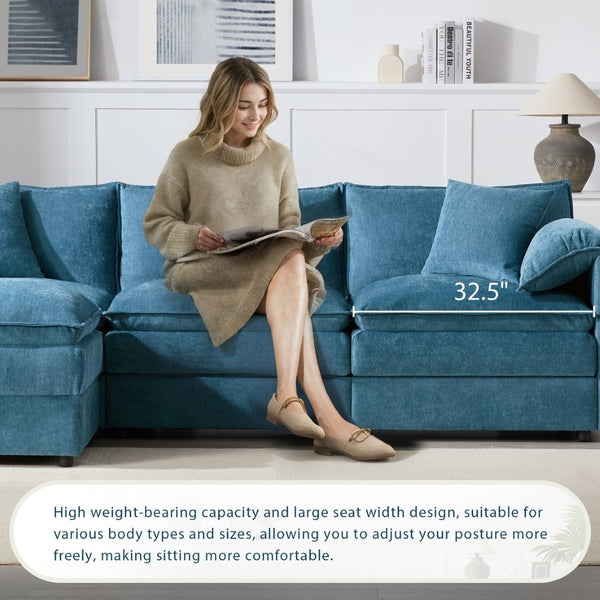 English Elm [new Chenille Cloud Sectional Sofa with Pocket Spring Cushions Ottomans and Modular L Shape Blue N723S6547C