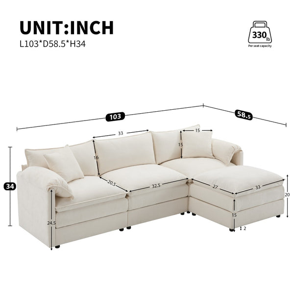 English Elm [new Chenille Cloud Sectional Sofa with Pocket Spring Cushions Ottomans and Modular L Shape White N723S6547W