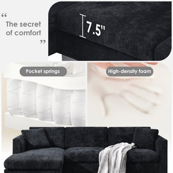 English Elm [new Sku of N723s6037b] Chenille L-shaped Cloud Sectional with Pocket Spring Seating for Modern Living Black N723S7037B