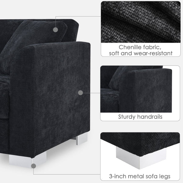 English Elm [new Sku of N723s6037b] Chenille L-shaped Cloud Sectional with Pocket Spring Seating for Modern Living Black N723S7037B