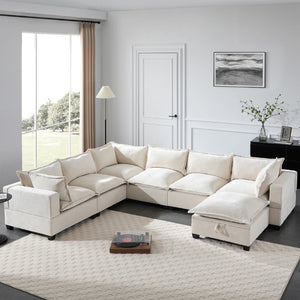 English Elm Video]117.5 Inch U Shaped Chenille Sectional Sofa with Storage Ottoman 7 Seat Modular Beige N723S7893A