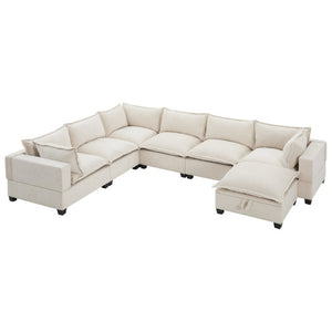 English Elm Video]117.5 Inch U Shaped Chenille Sectional Sofa with Storage Ottoman 7 Seat Modular Beige N723S7893A