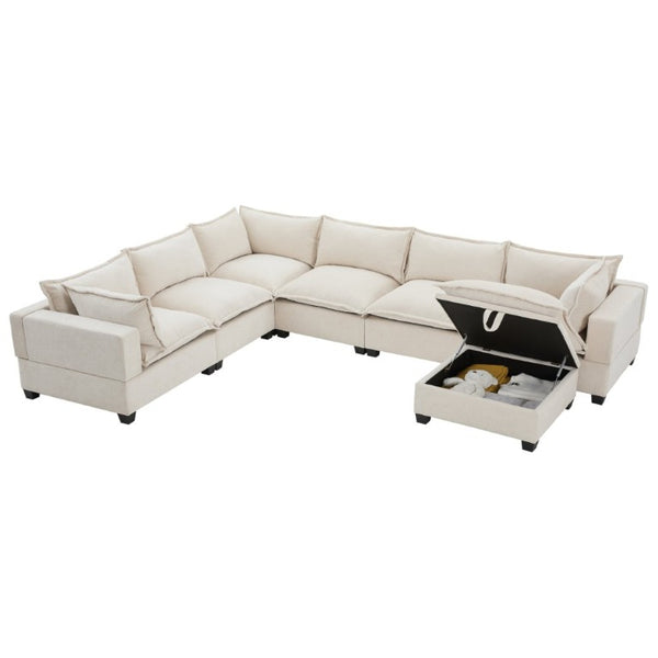 English Elm Video]117.5 Inch U Shaped Chenille Sectional Sofa with Storage Ottoman 7 Seat Modular Beige N723S7893A