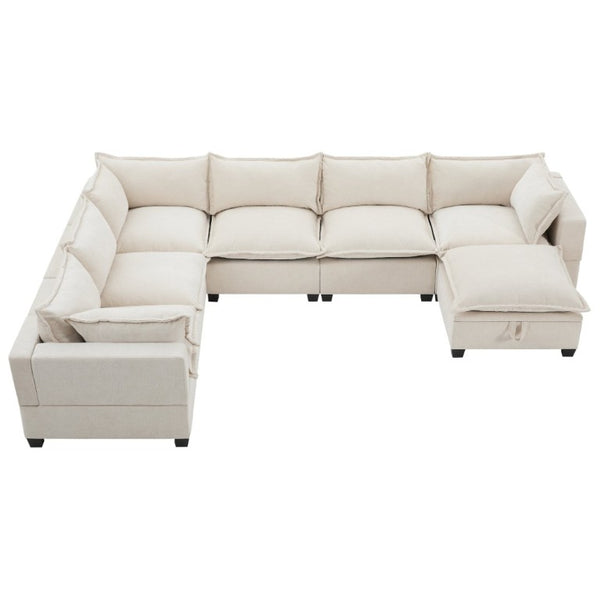 English Elm Video]117.5 Inch U Shaped Chenille Sectional Sofa with Storage Ottoman 7 Seat Modular Beige N723S7893A