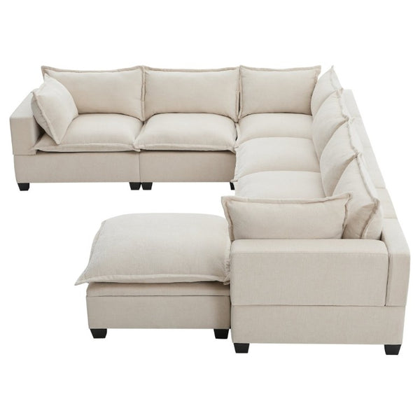 English Elm Video]117.5 Inch U Shaped Chenille Sectional Sofa with Storage Ottoman 7 Seat Modular Beige N723S7893A