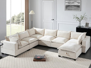 English Elm Video]117.5 Inch U Shaped Chenille Sectional Sofa with Storage Ottoman 7 Seat Modular Beige N723S7893A