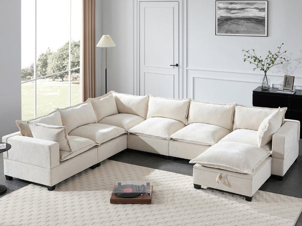 English Elm Video]117.5 Inch U Shaped Chenille Sectional Sofa with Storage Ottoman 7 Seat Modular Beige N723S7893A