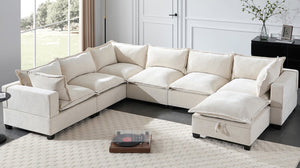 English Elm Video]117.5 Inch U Shaped Chenille Sectional Sofa with Storage Ottoman 7 Seat Modular Beige N723S7893A