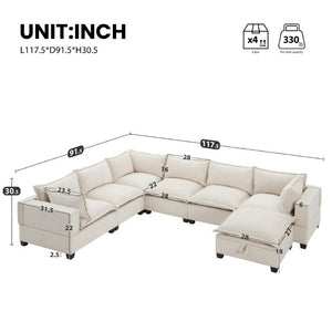 English Elm Video]117.5 Inch U Shaped Chenille Sectional Sofa with Storage Ottoman 7 Seat Modular Beige N723S7893A