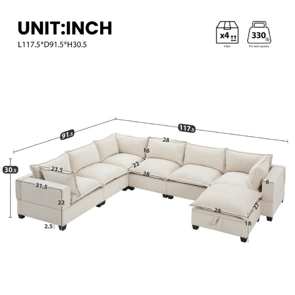 English Elm Video]117.5 Inch U Shaped Chenille Sectional Sofa with Storage Ottoman 7 Seat Modular Beige N723S7893A