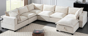 English Elm Video]117.5 Inch U Shaped Chenille Sectional Sofa with Storage Ottoman 7 Seat Modular Beige N723S7893A