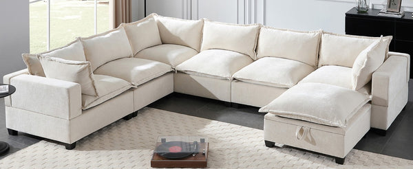 English Elm Video]117.5 Inch U Shaped Chenille Sectional Sofa with Storage Ottoman 7 Seat Modular Beige N723S7893A
