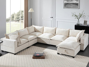 English Elm Video]117.5 Inch U Shaped Chenille Sectional Sofa with Storage Ottoman 7 Seat Modular Beige N723S7893A