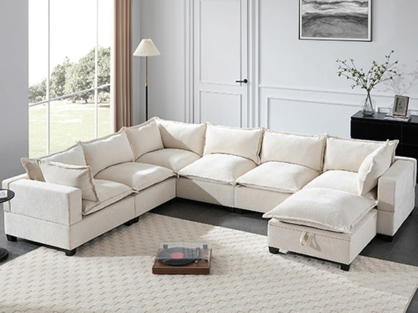 English Elm Video]117.5 Inch U Shaped Chenille Sectional Sofa with Storage Ottoman 7 Seat Modular Beige N723S7893A