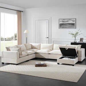 English Elm Video]117.5 Inch U Shaped Chenille Sectional Sofa with Storage Ottoman 7 Seat Modular Beige N723S7893A
